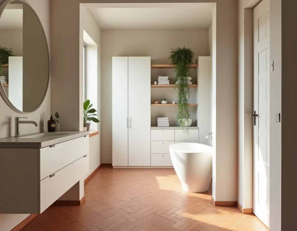 Salle de bain complète aménagée avec meubles de rangement en béton cellulaire peint en blanc mat