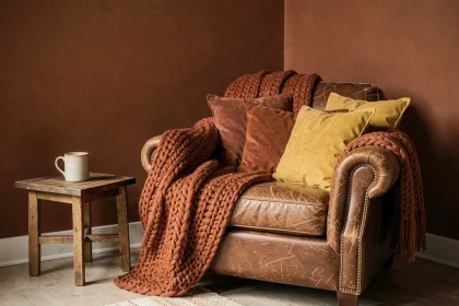 Salon chaleureux en hiver avec mur terracotta, fauteuil en cuir et plaid tricoté orange rouille