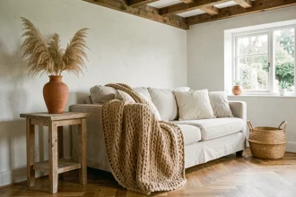 Salon scandinave avec canapé en lin brut, jeté en laine tricotée et vase en terre cuite sur parquet en chêne, illustrant la décoration naturelle et authentique