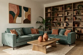 Salon moderne avec palette de couleurs bleu sarcelle et terracotta, canapé en velours et tapis en lin texturé