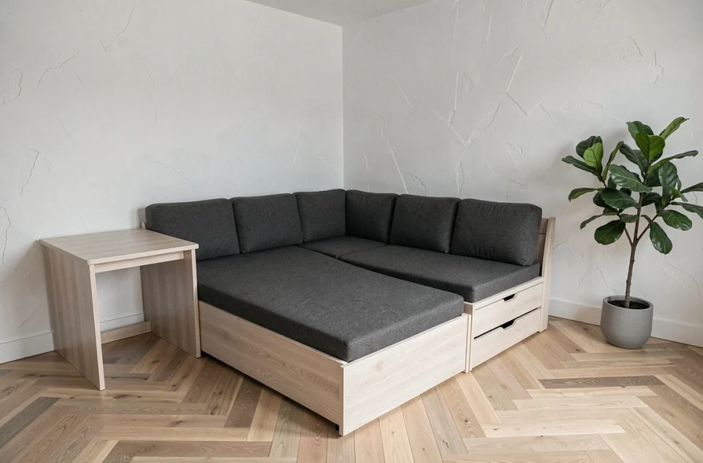 Studio urbain optimisé avec un canapé-lit modulable et rangements intégrés en bois clair