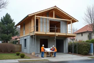Chantier de surélévation d'une maison individuelle avec ossature bois et échafaudages dans un quartier résidentiel