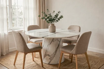 Table ronde en résine imitation marbre blanc dans une salle à manger scandinave moderne avec chaises en lin beige