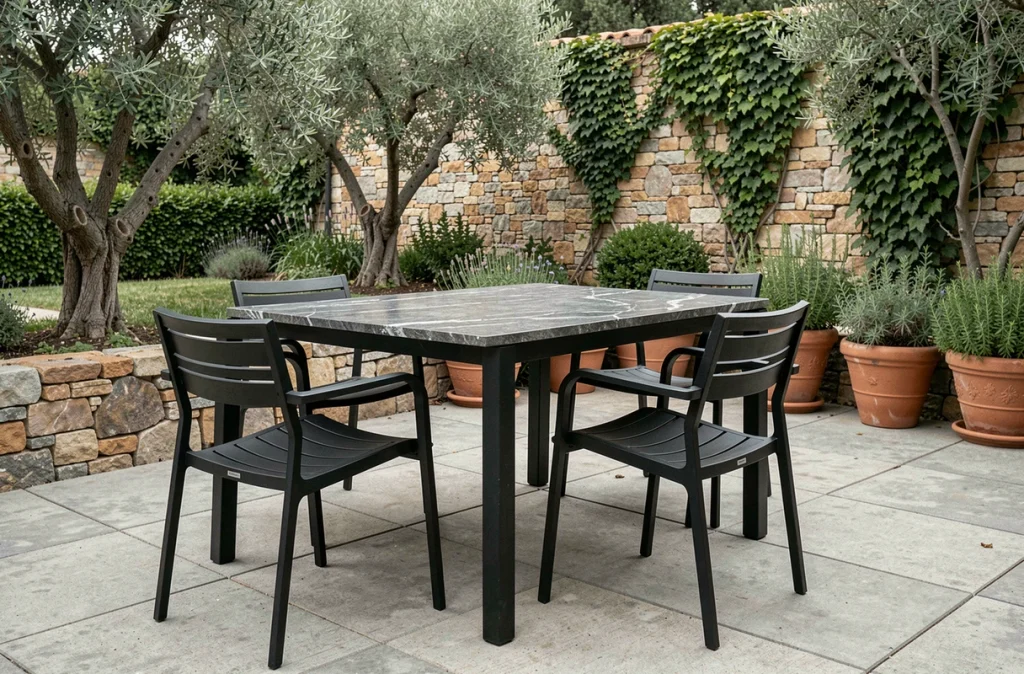 Table en résine imitation marbre gris Marquina sur une terrasse extérieure méditerranéenne avec jardin en arrière-plan