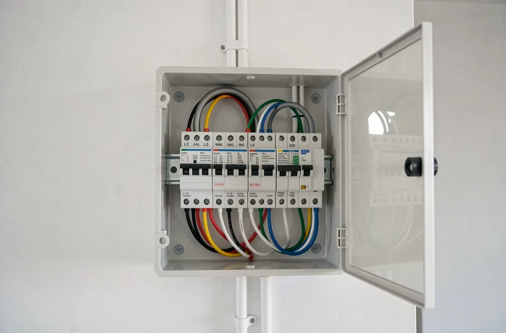 Tableau de répartition électrique neuf avec disjoncteurs et câblage organisé dans un appartement en construction