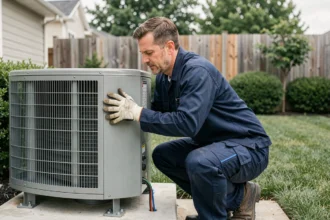 Technicien en climatisation inspectant une thermopompe extérieure installée sur un socle en béton dans une cour résidentielle