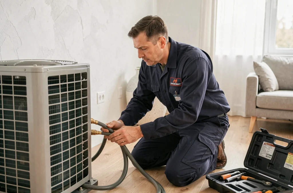 Technicien installant une pompe à chaleur intérieure dans un salon moderne au parquet clair