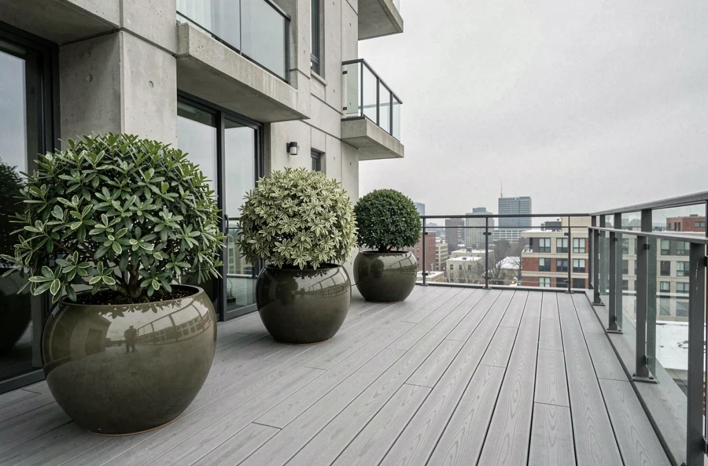 Terrasse urbaine en hiver décorée d'arbustes persistants en jardinières sur plancher composite gris