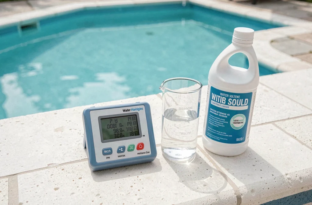 Kit de test numérique de dureté de l'eau de piscine posé sur le bord de la piscine avec flacons et traitement adoucissant