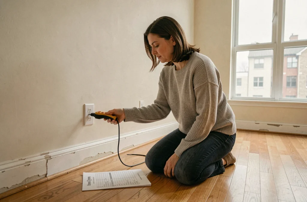 Femme testant une prise électrique dans un logement vide avant état des lieux de sortie