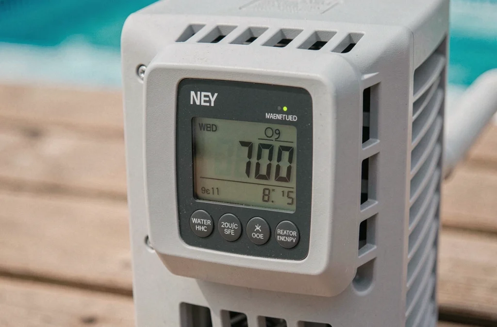 Thermostat numérique d'une pompe à chaleur affichant la température de l'eau de piscine en gros plan
