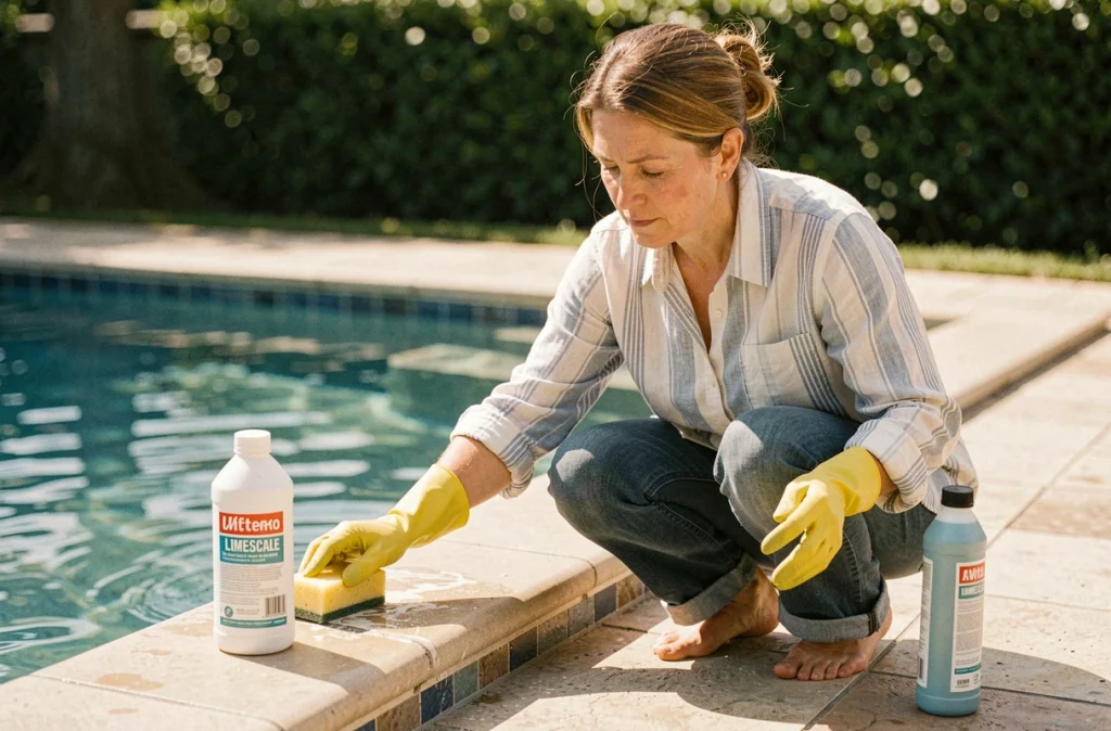 Femme appliquant un traitement anticalcaire sur la paroi d'une piscine extérieure avec une éponge et des gants