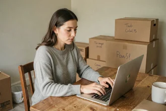 Femme remplissant un formulaire en ligne pour transférer son contrat d'électricité lors d'un déménagement