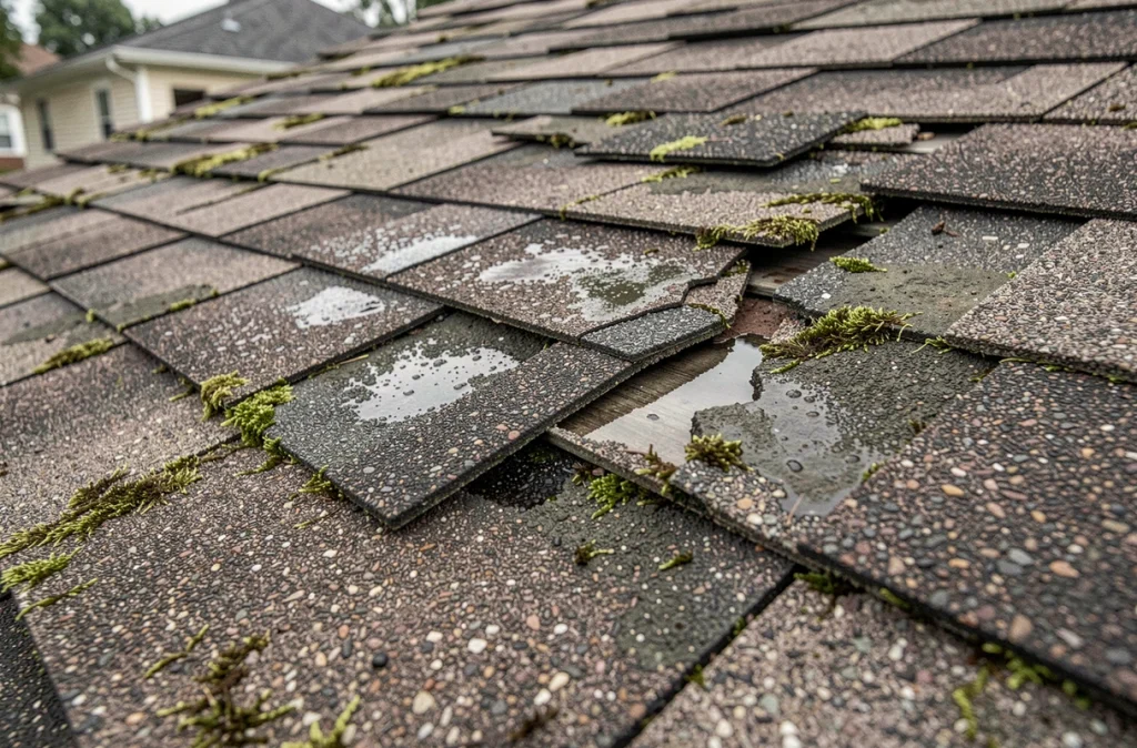 Détail de tuiles endommagées et fissurées sur une ancienne toiture avec traces d'infiltration d'eau
