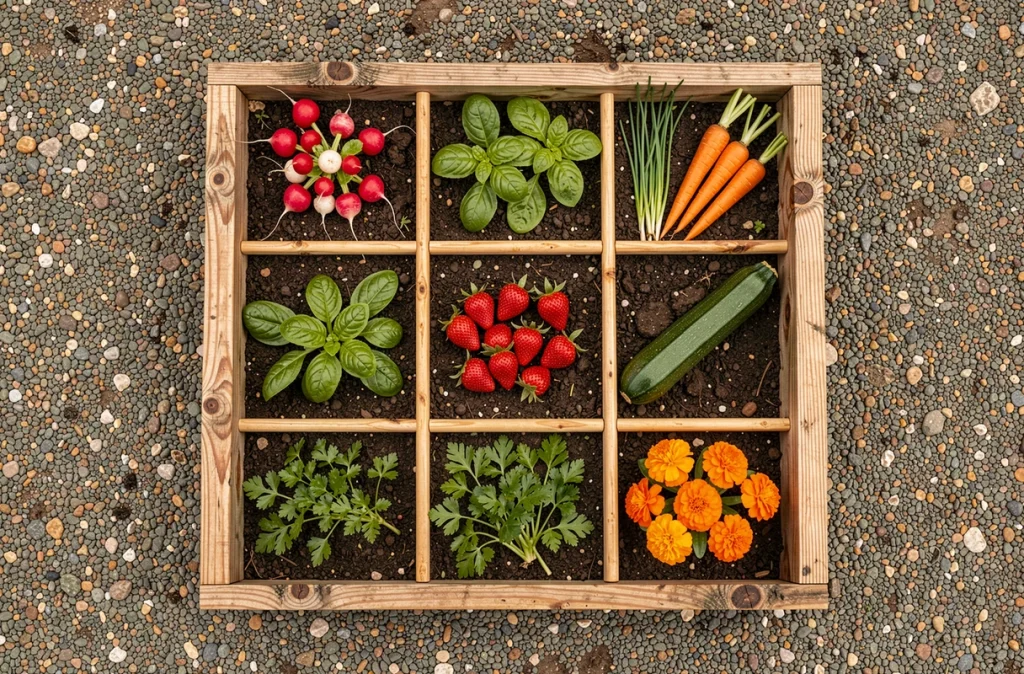 Vue aérienne d'un carré potager en bois divisé en neuf sections avec différentes variétés de légumes et herbes aromatiques