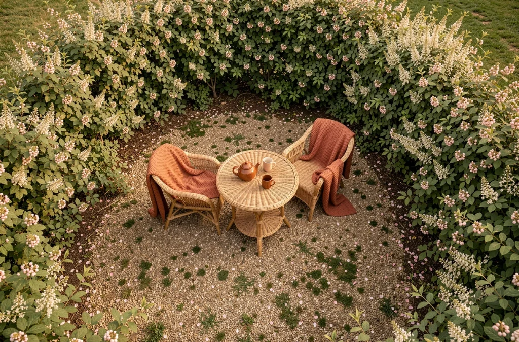 Vue plongeante d'un coin détente entouré d'une haie champêtre en U avec table rattan et fauteuils lounge dans un jardin clos