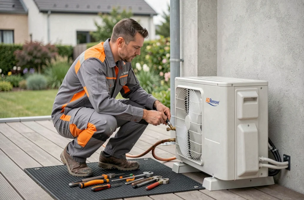 Technicien AD Renove Service 35 connectant les tuyaux frigorifiques d'une unité extérieure de climatisation sur une terrasse