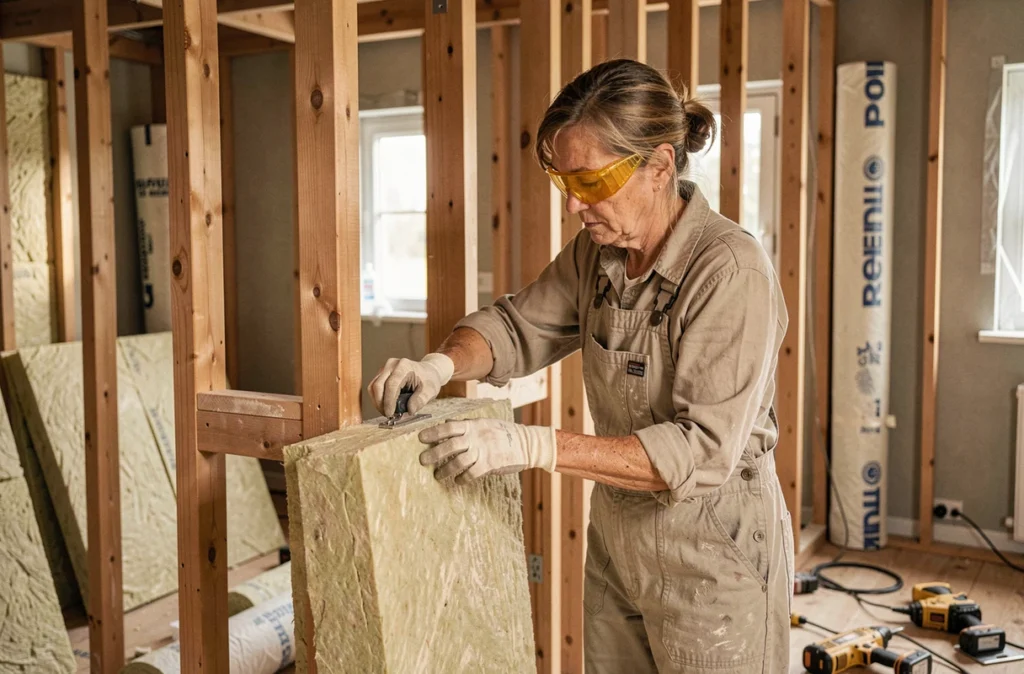 Spécialiste posant de la laine minérale entre les montants d'un mur intérieur lors d'une rénovation à Pau, représentant Aménagement Création Habitat
