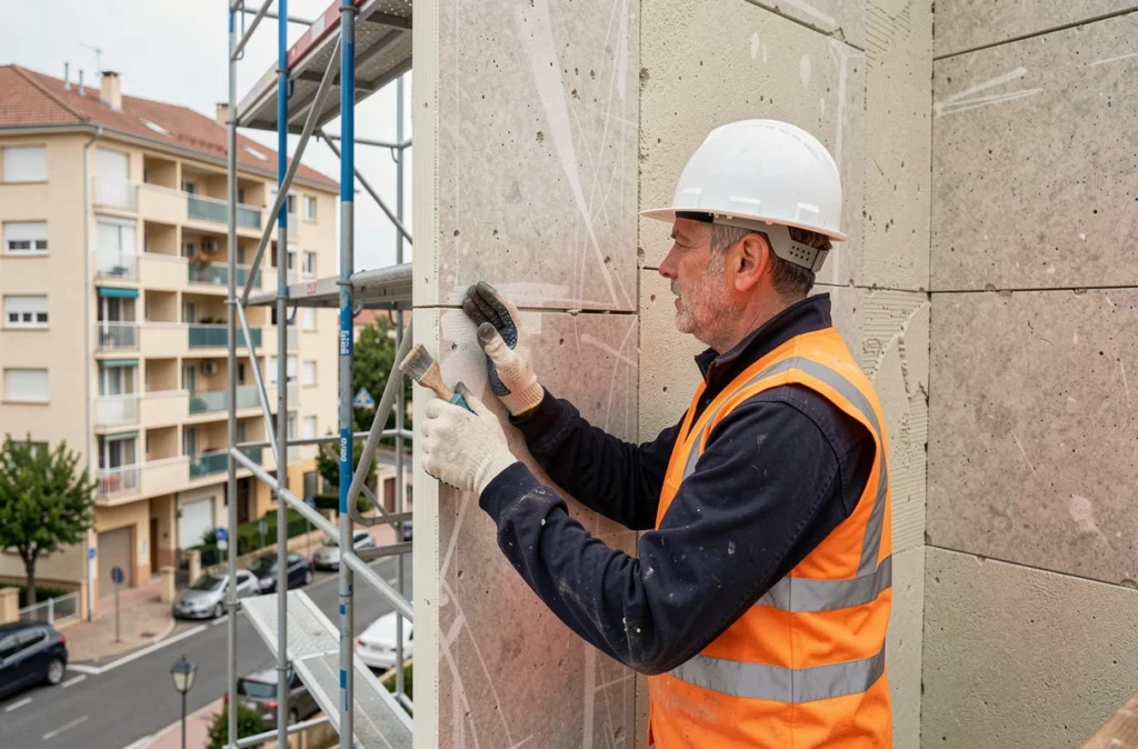 Professionnel du bâtiment appliquant un système d'isolation thermique par l'extérieur sur une façade d'immeuble à Pau, représentant Atlantic Habitat Eurl