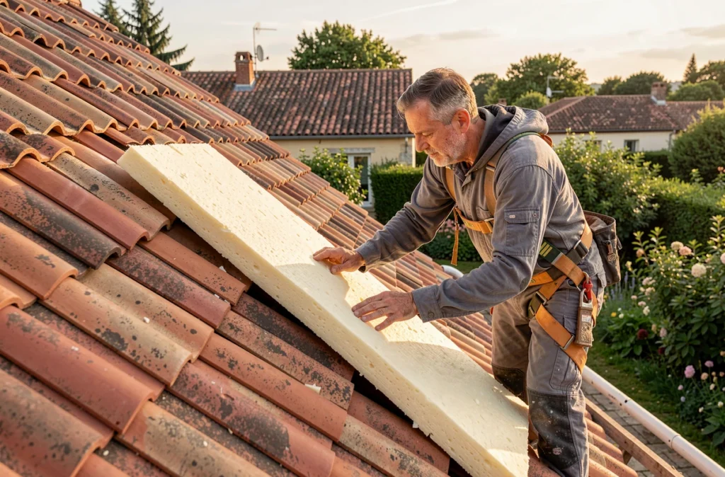 Couvreur installant de l'isolation sous les tuiles d'une toiture résidentielle à Billère, représentant l'entreprise Bearn Toiture