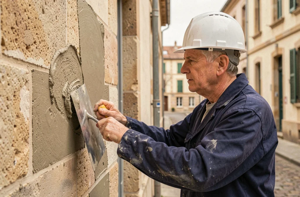 Ouvrier appliquant un ravalement de façade sur un immeuble résidentiel à Pau, représentant l'entreprise BG Bat spécialisée en isolation et ravalement