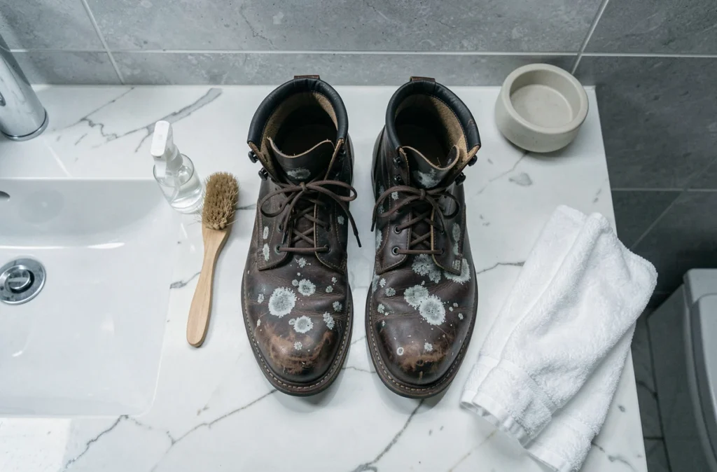 Bottes en cuir moisi posées sur un plan en marbre avec produits de nettoyage naturels