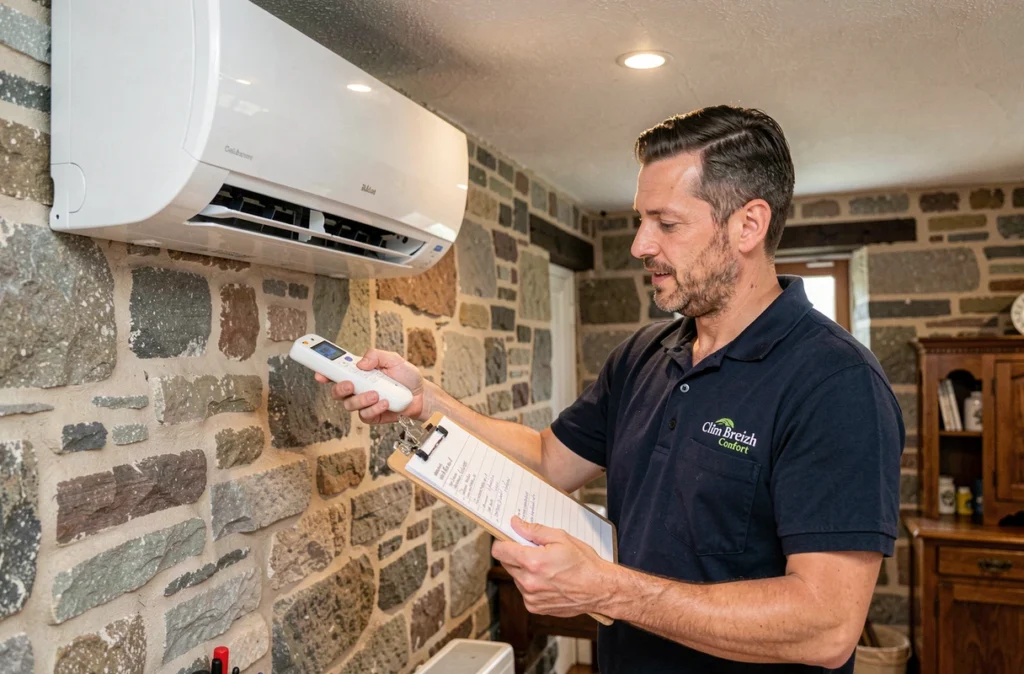 Technicien Clim Breizh Confort effectuant la mise en service d'une climatisation murale dans une ferme bretonne rénovée en pierre