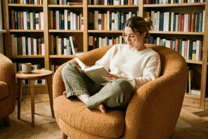 Femme lisant dans un fauteuil caramel en boucle dans un coin bibliothèque cosy avec étagères en bois et parquet chêne