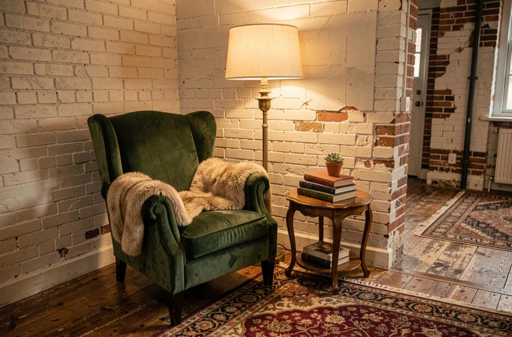 Coin lecture cosy avec fauteuil en velours vert forêt, lampadaire laiton vintage et plaid fausse fourrure dans un appartement avec mur en briques