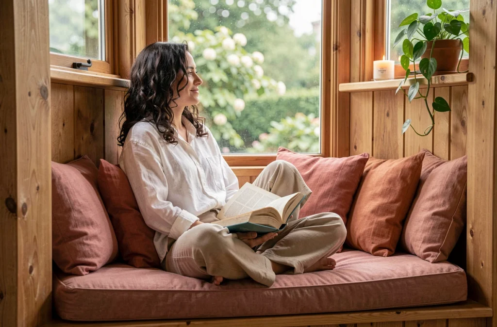 Jeune femme lisant dans un coin fenêtre avec banquette et coussins colorés, entourée de boiseries en chêne et de verdure extérieure