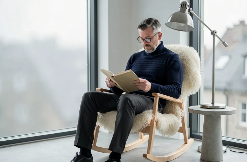 Homme lisant dans un rocking chair scandinave en bois clair avec peau de mouton dans un salon minimaliste urbain