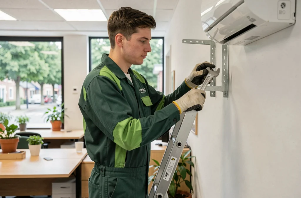 Technicien Cop Vert posant des supports muraux pour l'installation d'une climatisation dans un bureau à Rennes