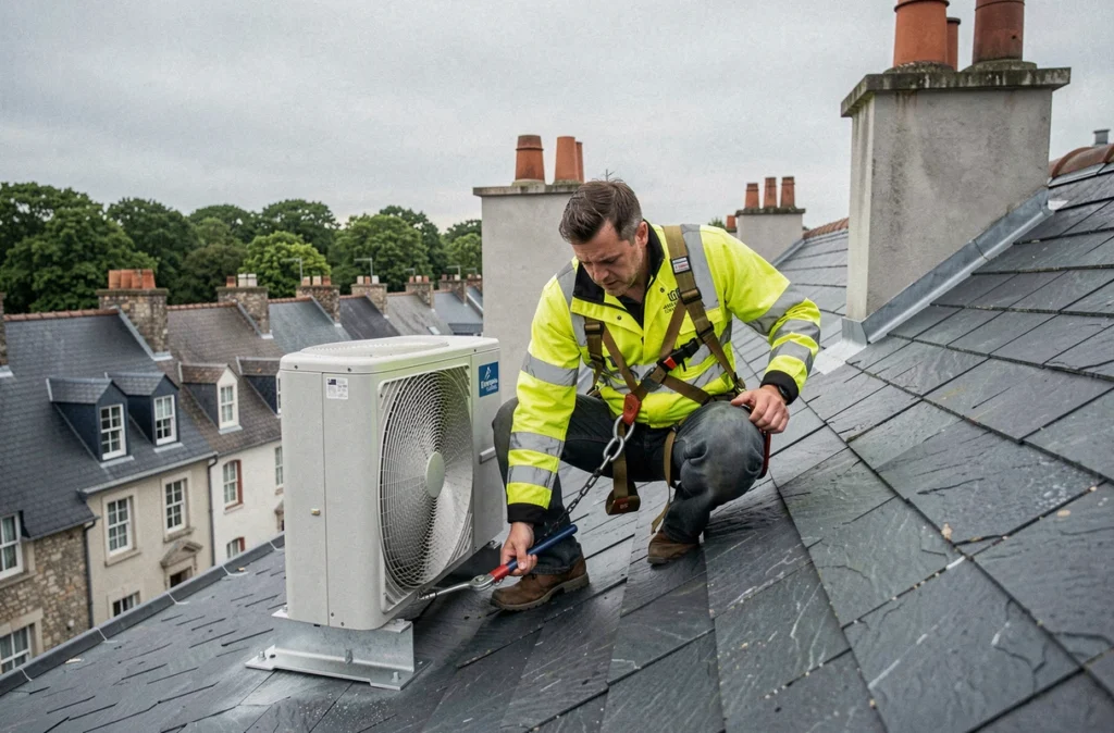 Technicien Energies Toitures fixant une unité de climatisation extérieure sur un toit en ardoise breton avec un harnais de sécurité