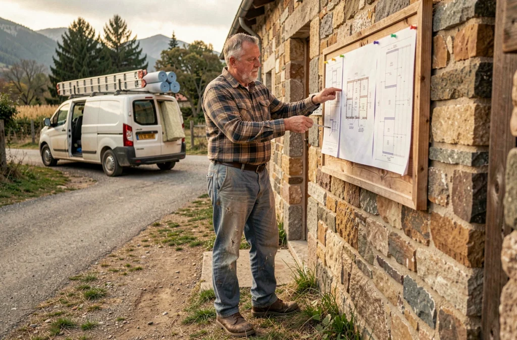 Entrepreneur du bâtiment expérimenté consultant des plans sur le mur d'une maison en pierre dans le département 64, représentant l'Entreprise René Mathieu