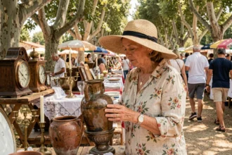 Femme examinant une vase ancienne lors d'une brocante en plein air près de Marseille sous des platanes