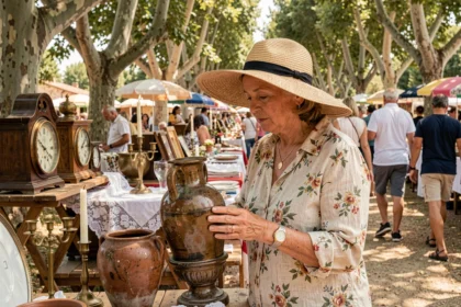 Femme examinant une vase ancienne lors d'une brocante en plein air près de Marseille sous des platanes
