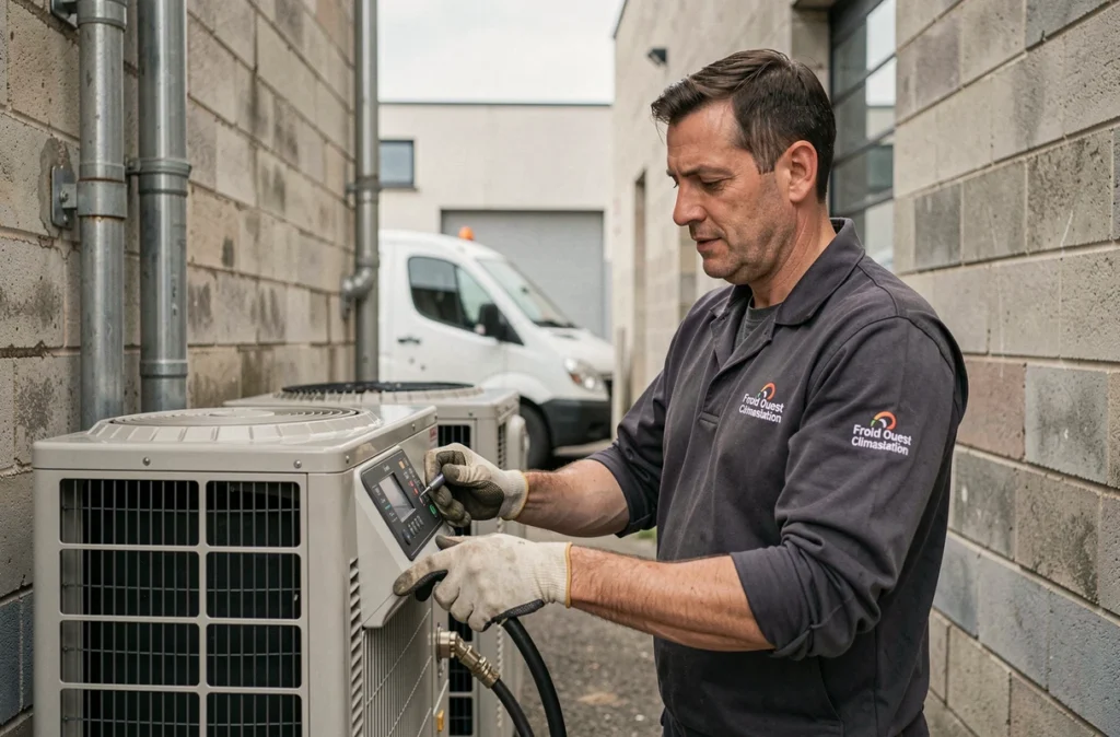 Technicien Froid Ouest Climatisation utilisant une machine de récupération de fluide frigorigène sur une installation commerciale