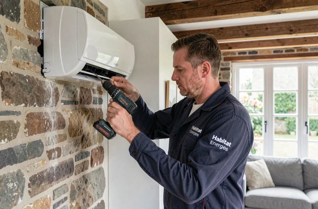 Technicien Habitat Energies 35 installant une unité intérieure de climatisation dans une maison rénovée en Bretagne