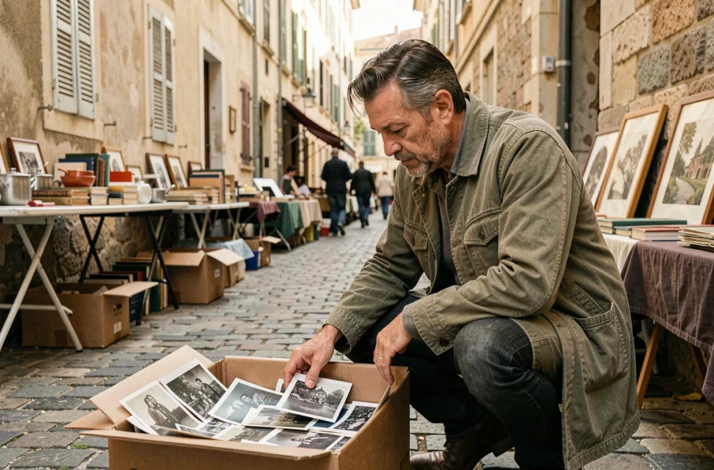 Homme fouillant des photographies anciennes dans un vide-grenier de rue dans le 13e arrondissement de Marseille