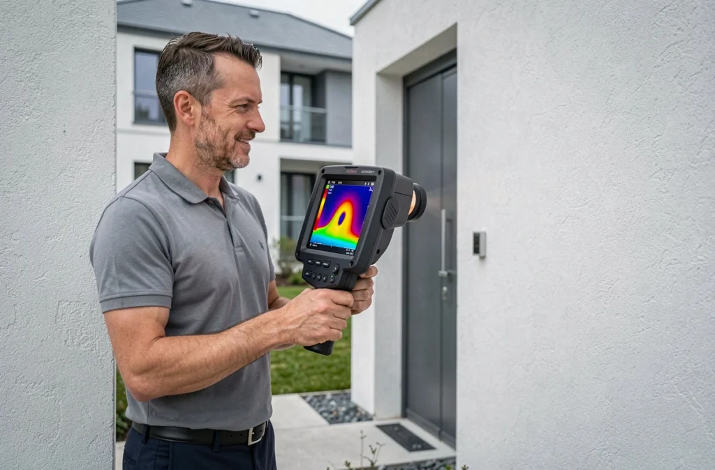 Consultant en performance énergétique utilisant une caméra thermique pour analyser les déperditions d'une habitation à Lescar, représentant Ieco Tech