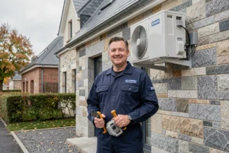 Technicien de climatisation professionnel devant une maison bretonne en Ille-et-Vilaine avec une unité extérieure de climatisation installée