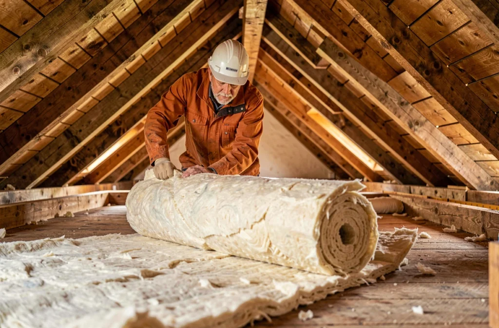 Spécialiste déroulant de la laine de verre dans les combles d'une ferme béarnaise traditionnelle, représentant Les Toits Du Bearn