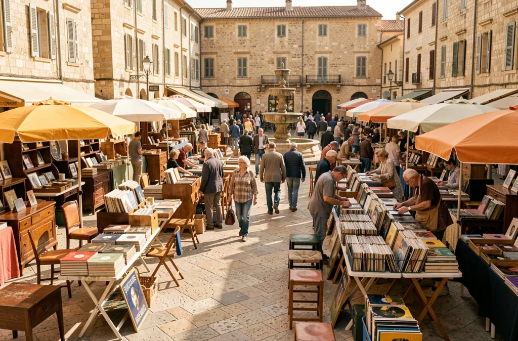 Vue large d'un marché aux puces provençal sur une place de village près de Marseille avec mobilier vintage et disques vinyles