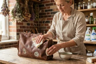 Femme nettoyant un sac en cuir moisi avec un chiffon doux sur un établi en bois rustique