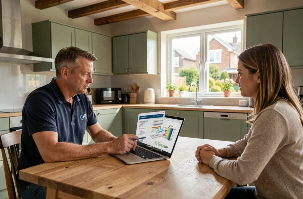 Consultant OHE Optimisation Habitat Energie présentant un rapport d'audit énergétique à une propriétaire dans une maison bretonne moderne