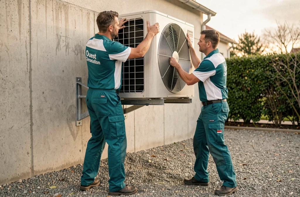 Équipe de deux techniciens Ouest Climatisation installant une unité extérieure de climatisation dans un jardin résidentiel en banlieue de Rennes