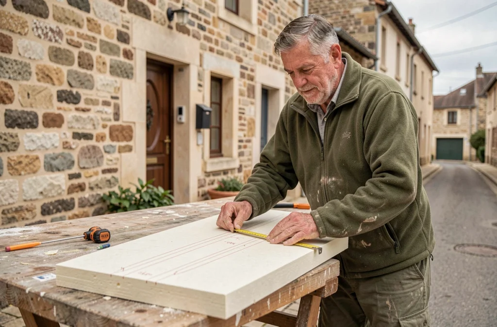 Artisan isolateur indépendant découpant un panneau d'isolation thermique devant une maison béarnaise à Pau, représentant Perche Frédéric