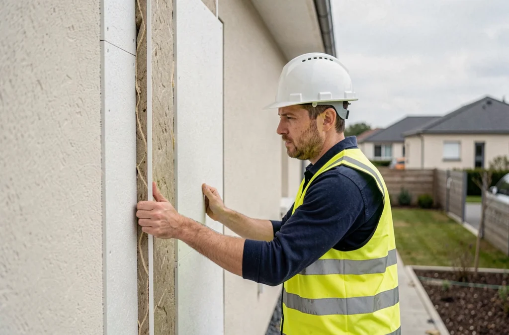 Technicien posant des panneaux d'isolation thermique par l'extérieur sur une maison à Lons, représentant l'entreprise SMAC