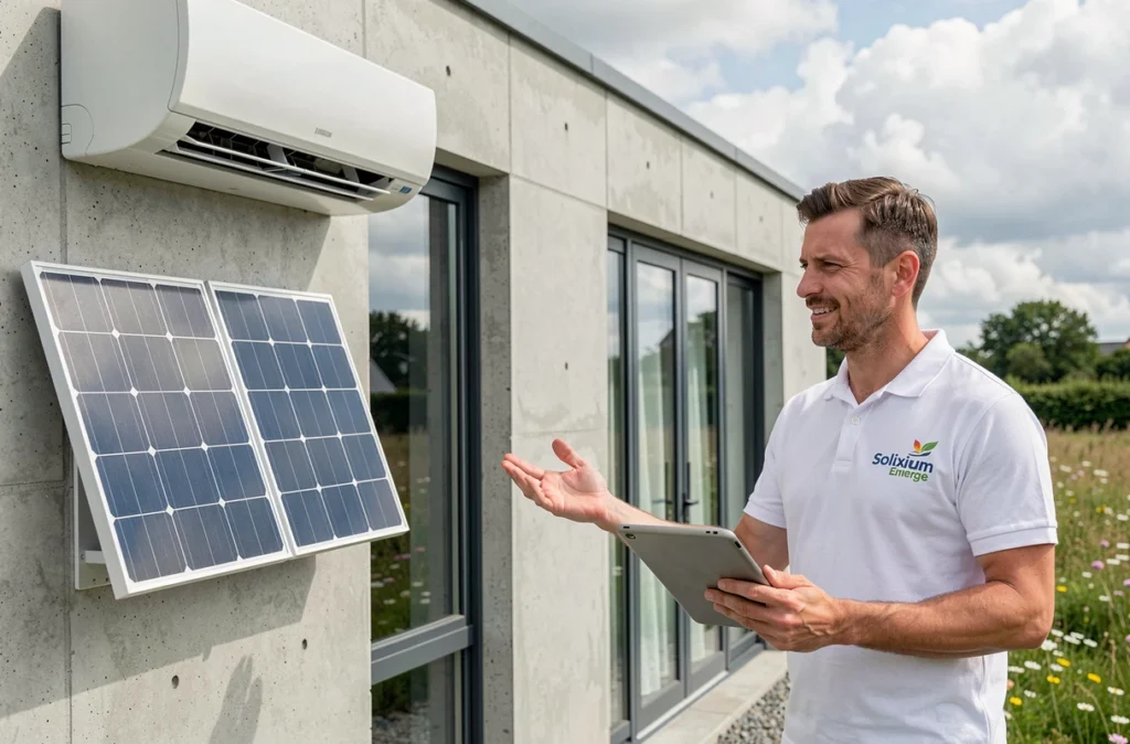 Technicien Solixium Energie présentant une installation de climatisation couplée à des panneaux solaires sur une maison passive en Ille-et-Vilaine