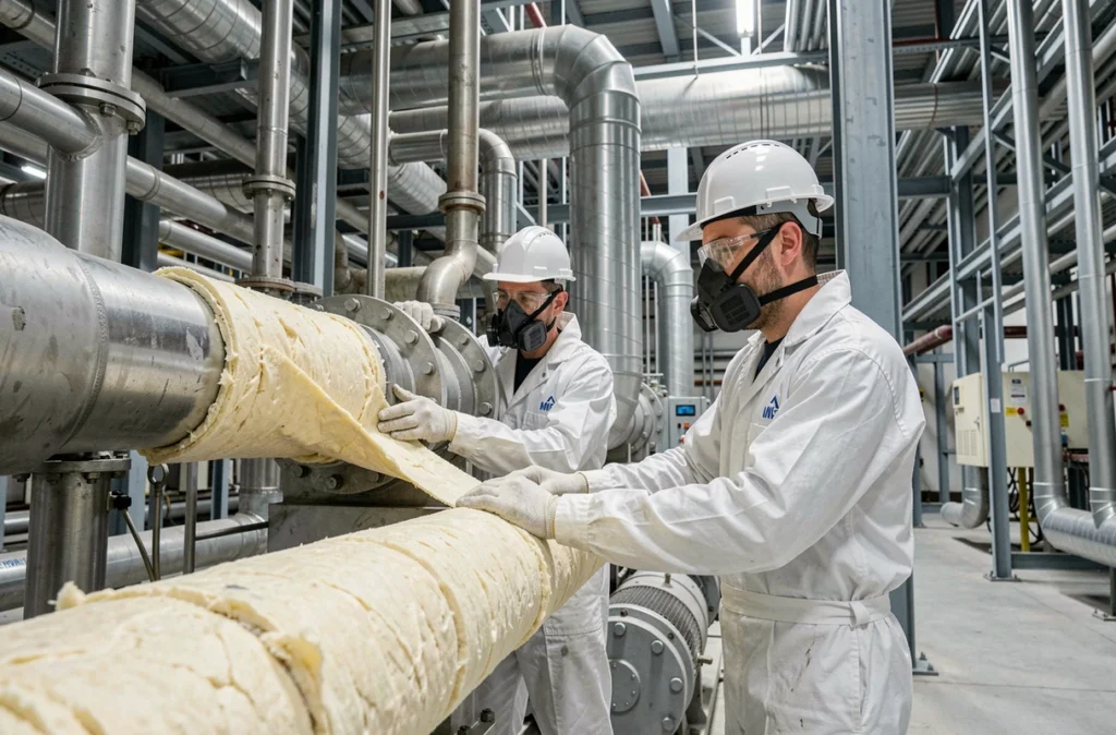 Techniciens en combinaisons de protection posant de l'isolant industriel sur des canalisations dans un bâtiment commercial, représentant Soprema Entreprises